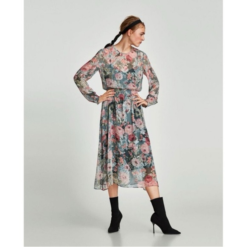 Zara Rare Viral Floral Sheer Midi Dress Sz M - Picture 5 of 11